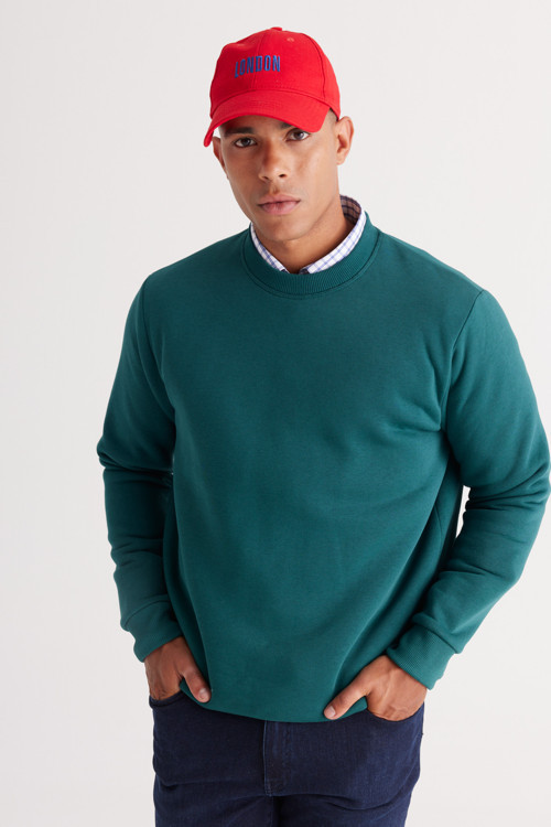 Erkek Koyu Yeşil Standart Fit Normal Kesim İçi Polarlı Bisiklet Yaka Sweatshirt