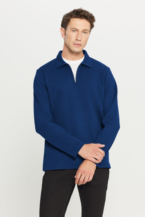 Erkek Lacivert Pamuklu Standart Fit Normal Kesim Polo Yaka Sweatshirt