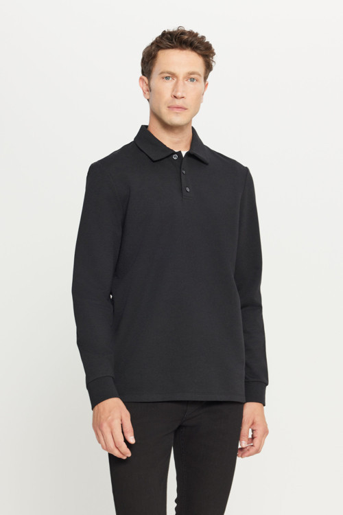 Erkek Siyah 2 İplik Pamuklu Standart Fit Normal Kesim Polo Yaka Sweatshirt