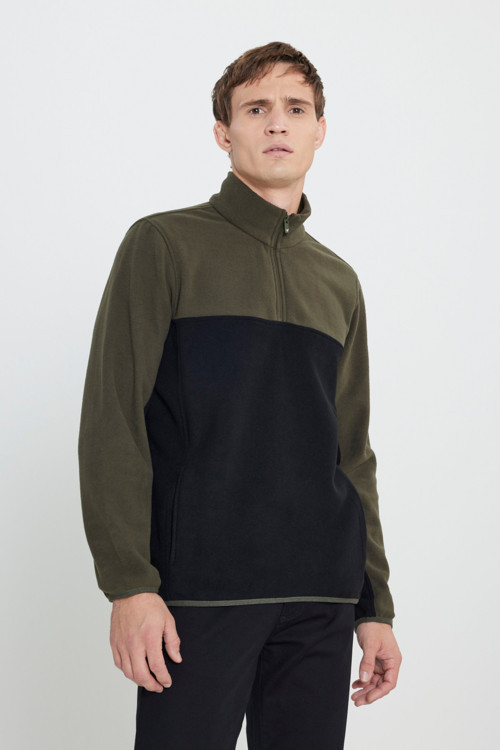 Erkek Haki-Siyah Standart Fit Dik Yaka İçi Polarlı Çift Renk Polar Sweatshirt