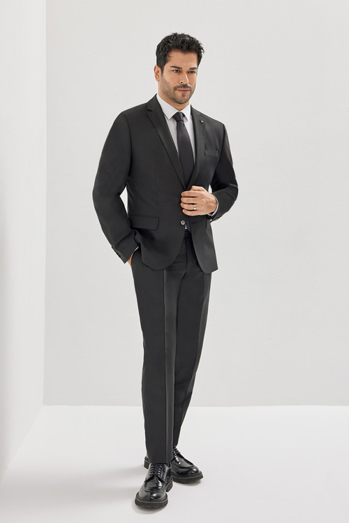 Erkek Siyah Slim Fit Dar Kesim Mono Yaka Takım Elbise