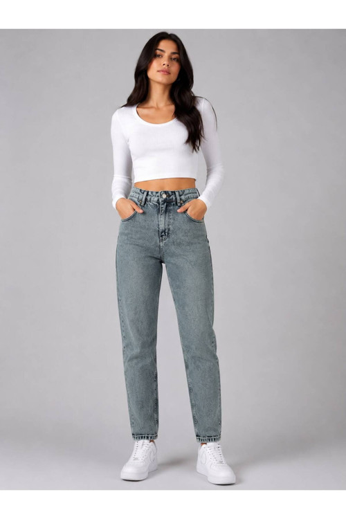 Kız / Kadın Yüksek Bel Jean Relaxed Fit Wide Leg Açık Mavi Kot Pantolon