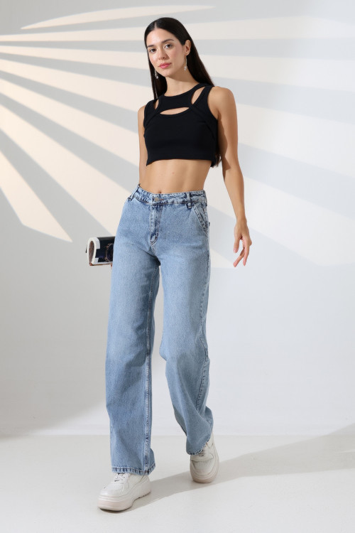 Kız / Kadın Yüksek Bel Jean Relaxed Fit Wide Leg Açık Mavi Kot Pantolon