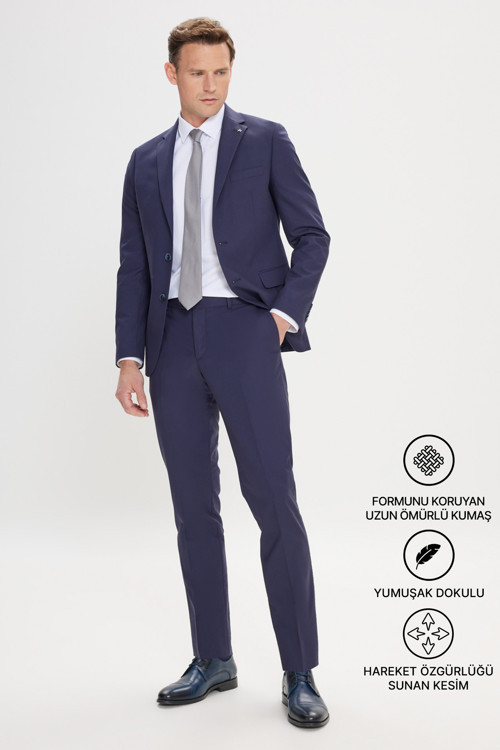 Erkek Lacivert Slim Fit Dar Kesim Mono Yaka Takım Elbise