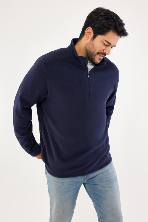 Erkek Lacivert Anti-Pilling Tüylenme Yapmayan Standart Fit Dik Yaka Polar Sweatshirt