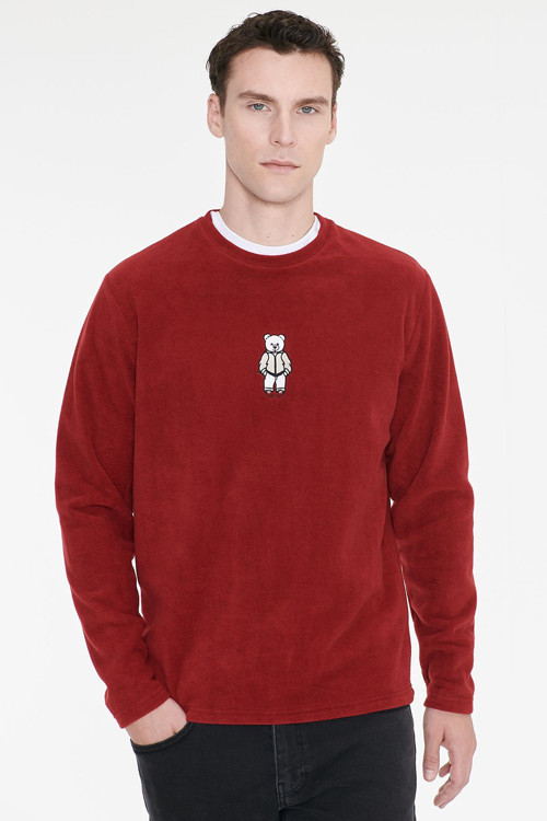Erkek Bordo Anti-Pilling Tüylenme Yapmayan Standart Fit Bisiklet Yaka Nakışlı Sweatshirt Polar
