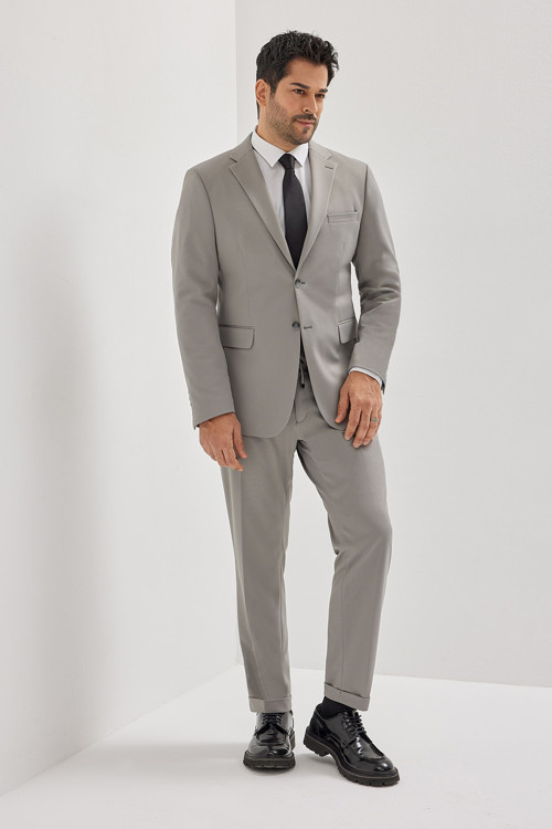 Erkek Gri Slim Fit Dar Kesim Mono Yaka Beli Bağlamalı Kapak Cepli Esnek Takım Elbise