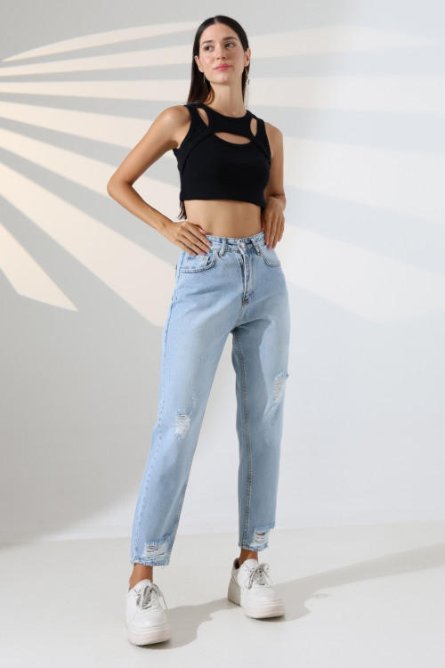 Kız / Kadın Yırtık Detaylı Yüksek Bel Relaxed Boyfrıend Fit Denim Kot Pantolon