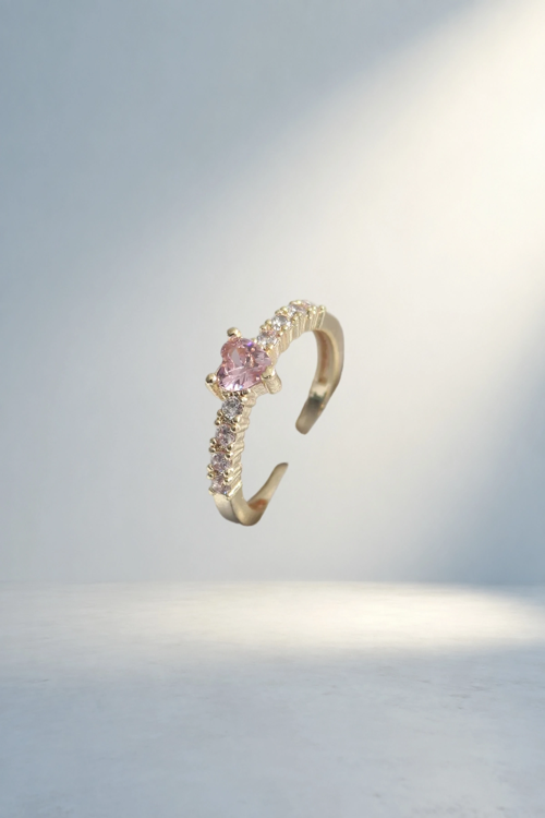 Zirkon Taşlı Pembe Kristal Kalp Yüzük Renk
