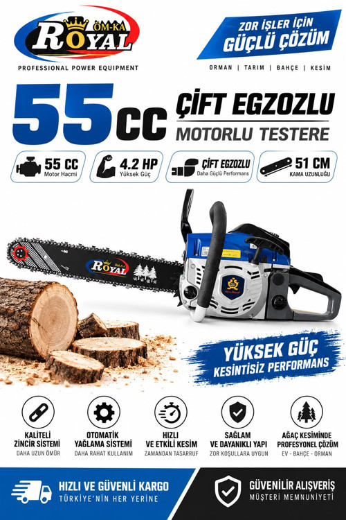 55 CC - ÇİFT EGZOZLU Motorlu Testere - 51 CM KAMA - 4.2 HP Benzinli Ağaç Kesme Makinesi
