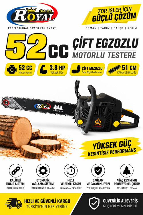 52 CC - ÇİFT EGZOZLU Motorlu Testere - 51 CM KAMA - 3.8 HP Benzinli Ağaç Kesme Makinesi