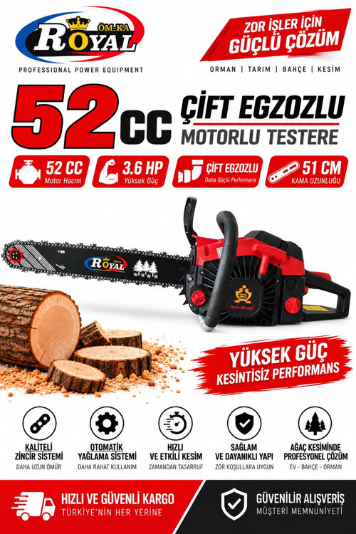 52 CC - ÇİFT EGZOZLU Motorlu Testere - 51 CM KAMA - 3.6 HP Benzinli Ağaç Kesme Makinesi