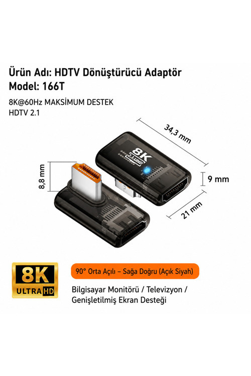 HDMI 2.1 Adaptör Serisi 8K 60Hz | 90° Açılı, L Tipi, U Tipi, Erkek-Dişi ve Dişi-Dişi Dönüştürücü