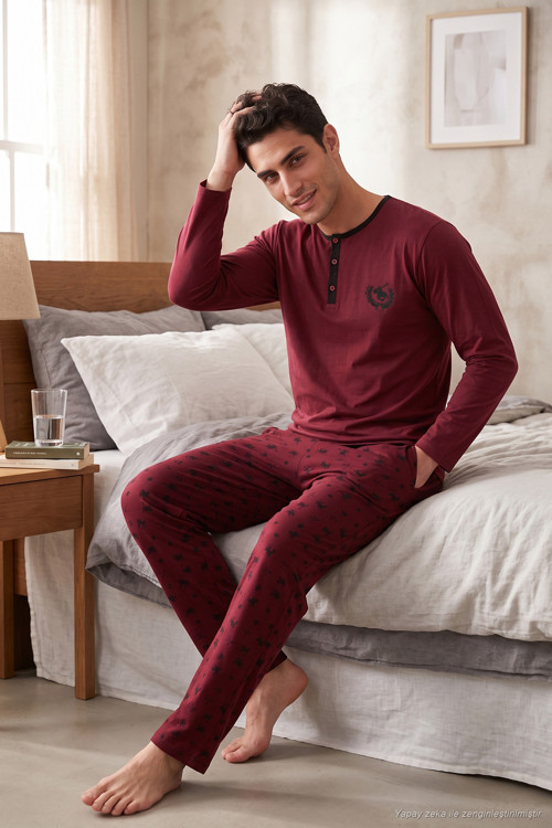Desenli Pamuklu Düğmeli Bisiklet Yaka Erkek Pijama Takımı 6575002 BORDO