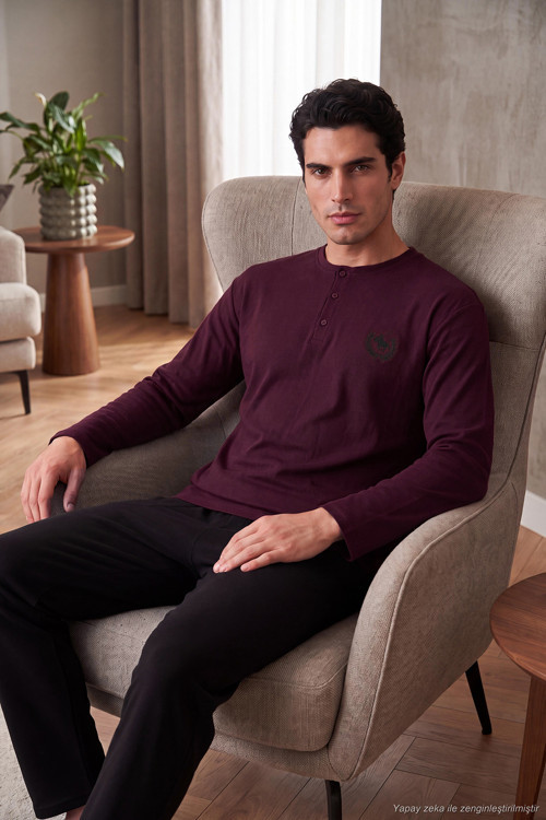 Ultra Soft Düğmeli Bisiklet Yaka Erkek Pijama Takımı 6575011 BORDO