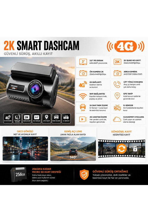 2K Smart Dashcam 4G Sım Kartlı Akıllı Araç Kamerası Gps Wifi Uzaktan Canlı İzleme