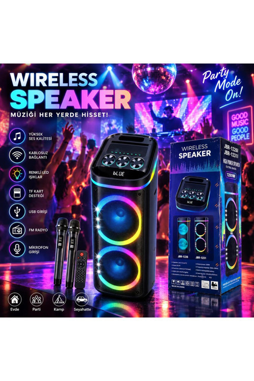 1200W Bluetooth Hoparlör Büyük Boy Rgb Işıklı 2 Mikrofonlu Karaoke Ses Sistemi