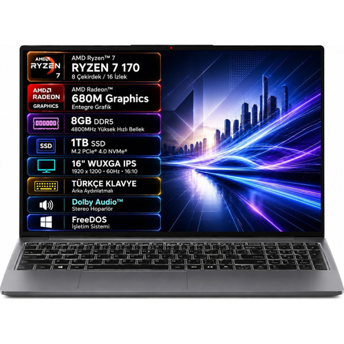 Ideapad Slim 3 16ARP10 83K800DKTR-01 Amd Ryzen 7-170 8gb 1tb SSD 16" IPS Freedos Taşınabilir Bilgisayar