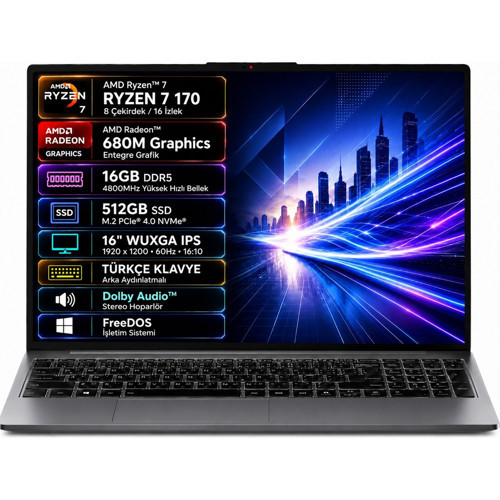 Ideapad Slim 3 16ARP10 83K800DKTR-02 Amd Ryzen 7-170 16GB 512GB SSD 16" IPS Freedos Taşınabilir Bilgisayar