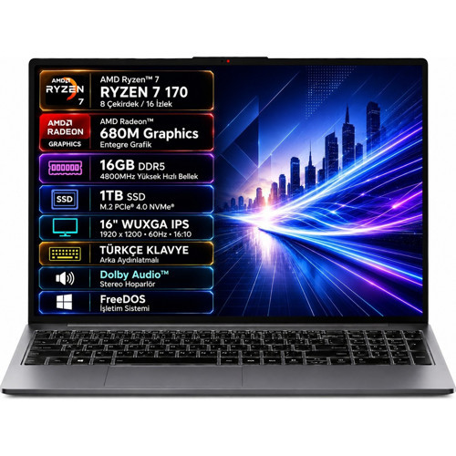 Ideapad Slim 3 16ARP10 83K800DKTR-03 Amd Ryzen 7-170 16GB 1tb SSD 16" IPS Freedos Taşınabilir Bilgisayar