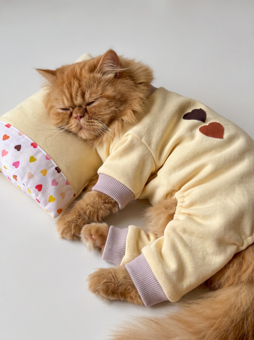 Winter Hearts Kedi Uyku Seti | Penye Kedi Tulum ve Mini Yastık Takımı | Pamuklu | Tüy Dökülmesini Azaltır |