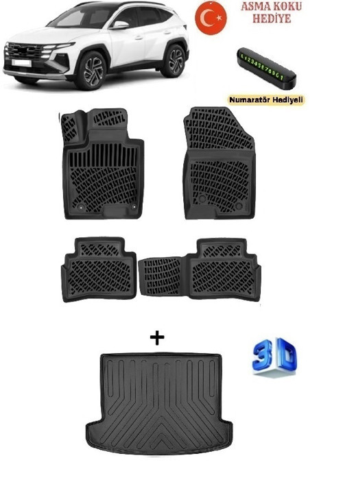 Hyundai Tucson 2021 Sonrası Uyumlu 3D Havuzlu Paspas ve (SES SİSTEMLİ) Bagaj Havuzu Seti ASMA KOKU VE NUMARATÖR