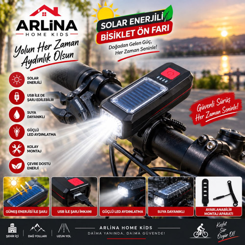 Solar Enerjili Bisiklet Işığı Ön Farı Bisiklet Kornası Su Geçirmez Güneş Enerjili Usb Şarjlı Fener