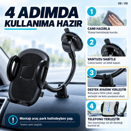 HP-A03 Vantuzlu Araç İçi Telefon Tutucu 20 cm Bükülebilir Kol Cam ve Torpido Destek Ayaklı