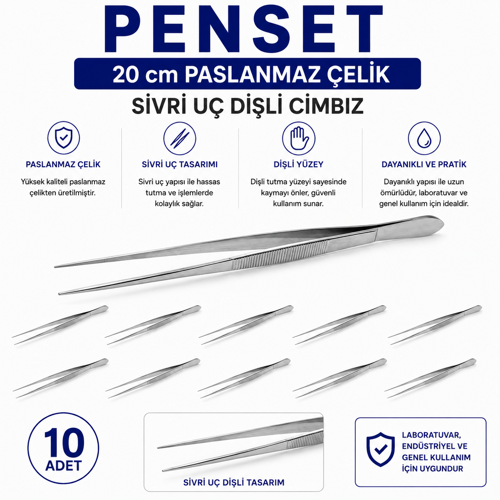 Penset 20 cm Paslanmaz Çelik - Sivri Uç Dişli Cımbız 10 Adet