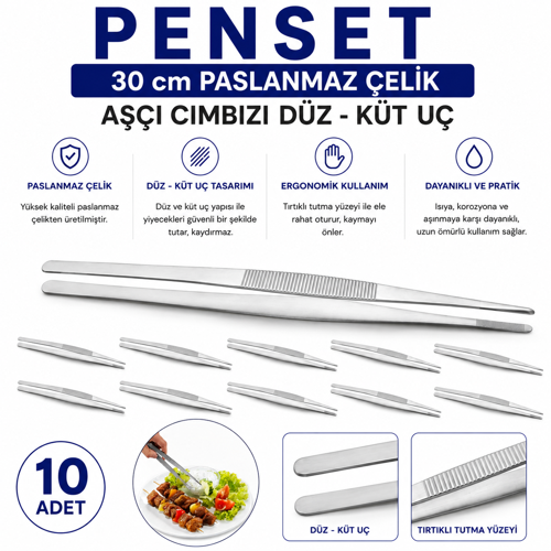 Penset 30 cm Paslanmaz Çelik - Aşçı Cımbızı Düz-Küt Uç 10 Adet