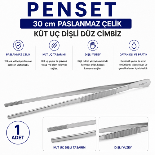 Penset 30 cm Paslanmaz Çelik - Küt Uç Dişli Düz Cımbız