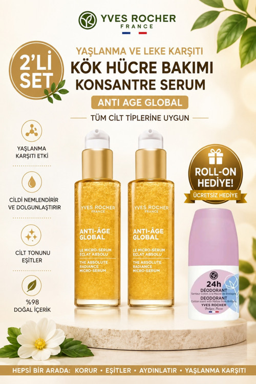 Gençlik & Leke Karşıtı Etki: 2'li Anti Age Global Serum 30 ml + Hediye Roll-On
