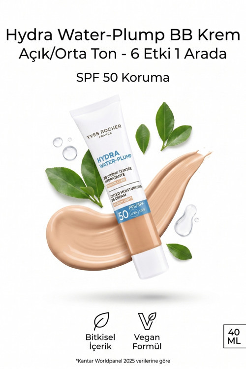 Açık Orta Ton BB Krem SPF50 Ton Eşitleyici Renkli Nemlendirici Güneş Kremi Hydra Water Plump 40 ml