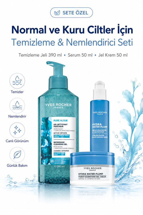 Normal Kuru Cilt Bakım Seti Temizleme Jeli 390 ml Serum 50 ml Jel Krem 50 ml Yoğun Nem Bakımı