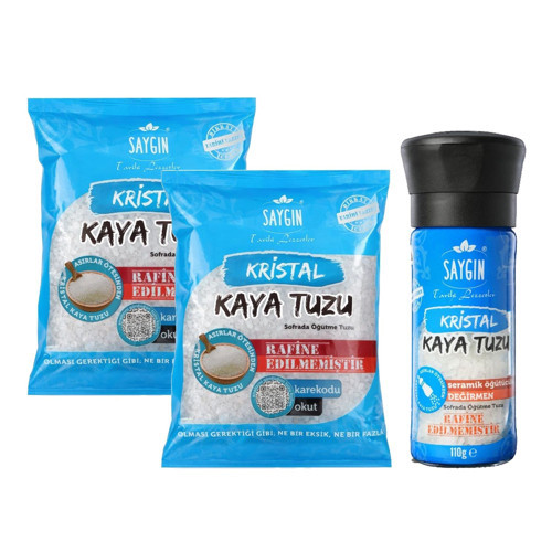 Kristal Kaya Tuzu - Sofrada Öğütme 500 gr 2 Adet + Değirmen 110 gr