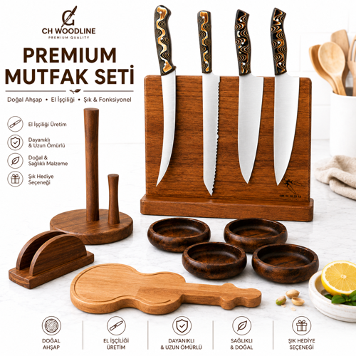 4 Parça Profesyonel Mutfak Bıçak Seti – 4116 Alman Çelik, Verzalit Sap, Mıknatıslı Epoksi Standlı, Nusret Şef, Santoku, Guyuto, Ekmek Bıçağı + Ceviz Kase, Kesme Tahtası ve Peçete