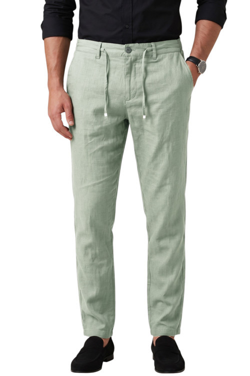 Açık Yeşil Slim Fit Likralı Keten Dokulu Lastikli Belli İpli Yazlık Erkek Pantolon 2603001