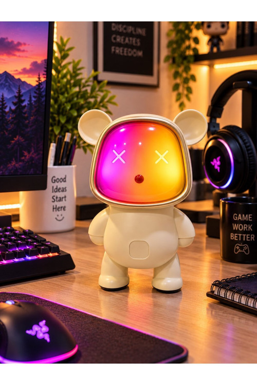 Renk Değiştiren Işıklı Animasyon Ayıcık Bluetooth USB Hoparlör Kablosuz Robot Gece Masa Lambası KREM