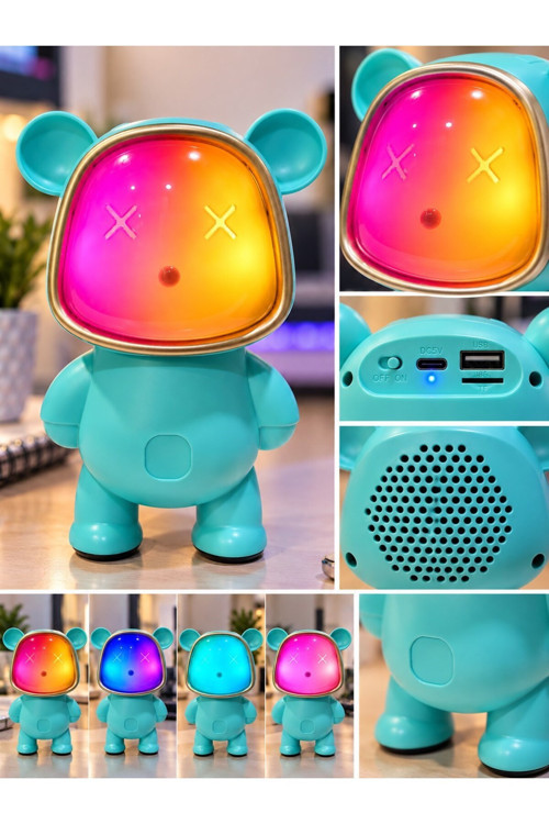 Renk Değiştiren Işıklı Animasyon Ayıcık Bluetooth USB Hoparlör Kablosuz Robot Gece Masa Lambası MAVİ