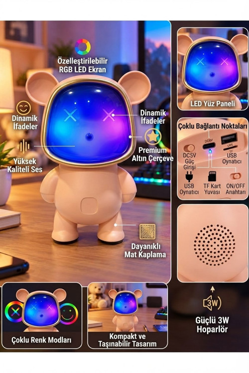 Renk Değiştiren Işıklı Animasyon Ayıcık Bluetooth USB Hoparlör Kablosuz Robot Gece Masa Lambası PMBE