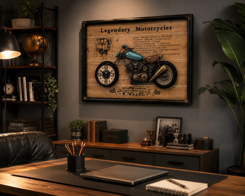 Ev Ofis Hediyesi Dekoratif Motosiklet Duvar Saati 3D Kabartmalı Modern Metal Tablo Saat 60x40 CM