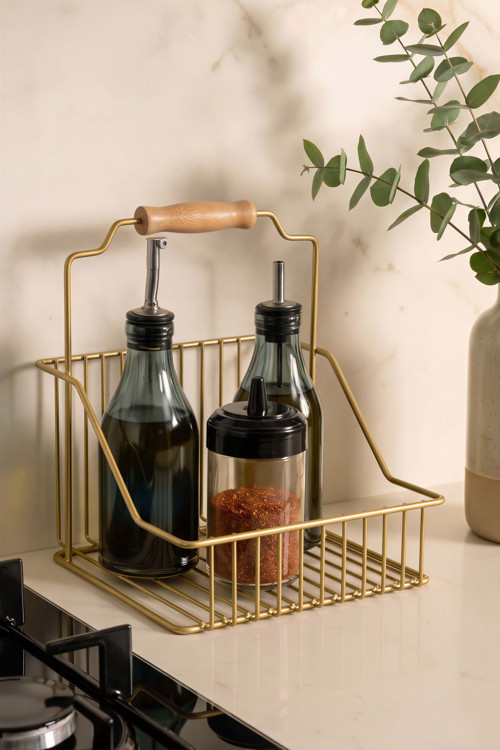 Gold Ahşap Kulplu Retro Çok Amaçlı Düzenleyici Sepet