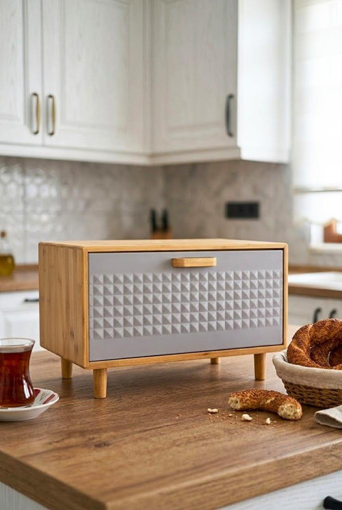 Bambu Gövdeli Gri Pane Ekmek Dolabı 36x23x24 cm - Demonte Ayaklı Tezgah Üstü Ekmeklik