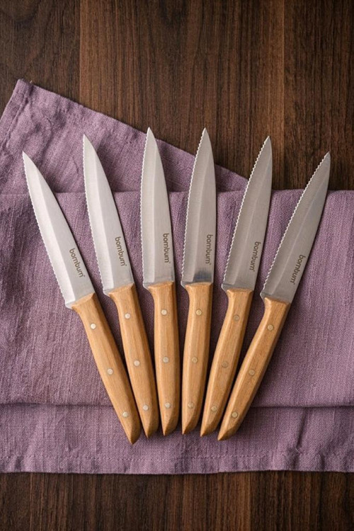 Gea 6'lı Bambu Saplı Steak Bıçağı Seti 21.5 cm - Paslanmaz Çelik Lazer Tırtıklı Et Bıçağı