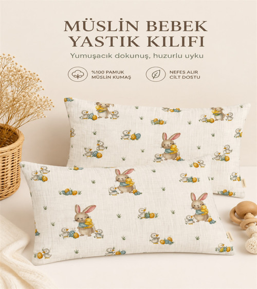 Bebek Yastık Kılıfı Müslin 2 Adet 35X45 Ördekli & Tavşanlı