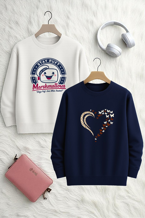 Unisex 2'Li Baskılı Bisiklet Yaka Sweatshirt