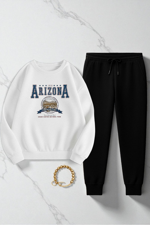Unisex Arizona Tasarım Basklı Bisiklet Yaka Sweatshirt - 2'Li Eşofman Takımı