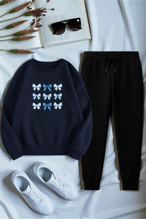 Unisex Kurdele Tasarım Baskılı Bisiklet Yaka Sweatshirt 2'Li Eşofman Takımı