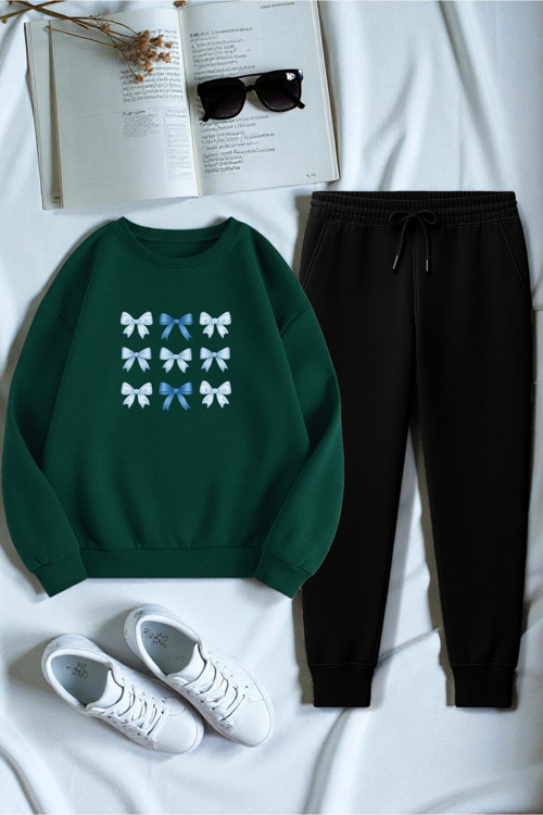 Unisex Kurdele Tasarım Baskılı Bisiklet Yaka Sweatshirt 2'Li Eşofman Takımı