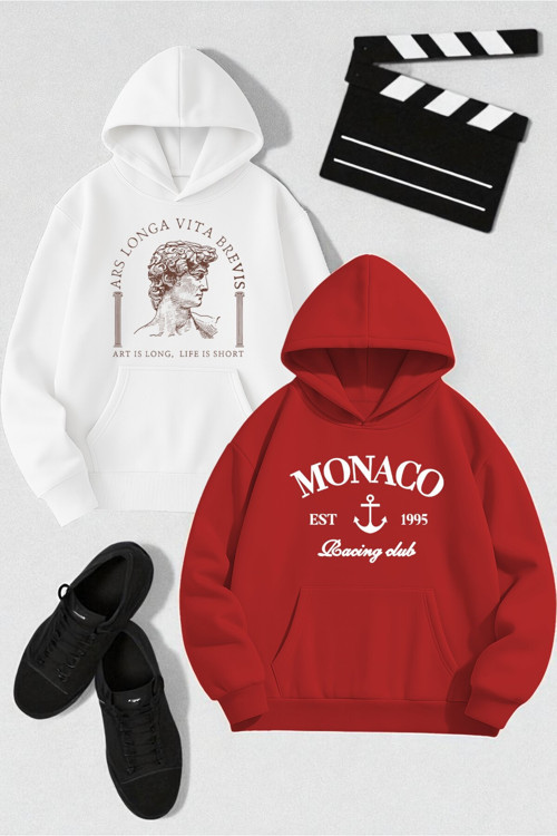 Unisex Tasarım Baskılı Kapüşonlu Sweatshirt 2'Li Fırsat Paketi